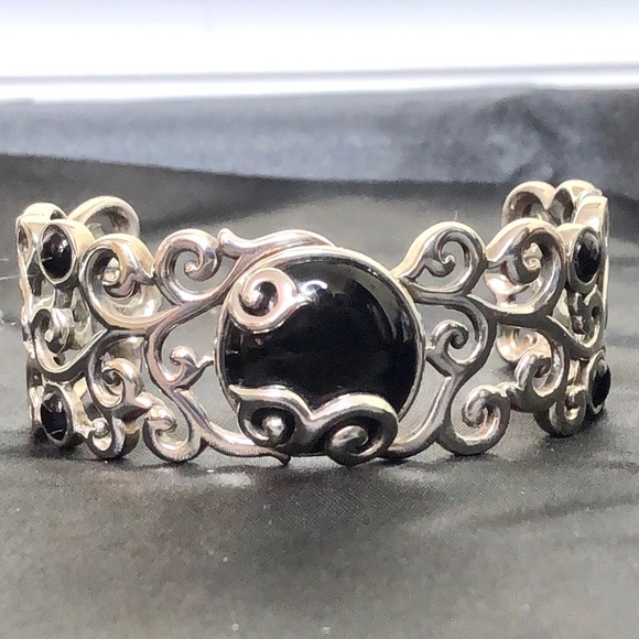BARSE Sterling Silver Scroll Filigree Overlay Black Onyx Cabochon Cuff Bracelet - Picture 13 of 15